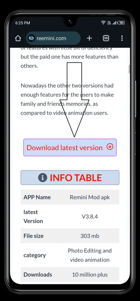 first tap on remini mod apk latest version download button