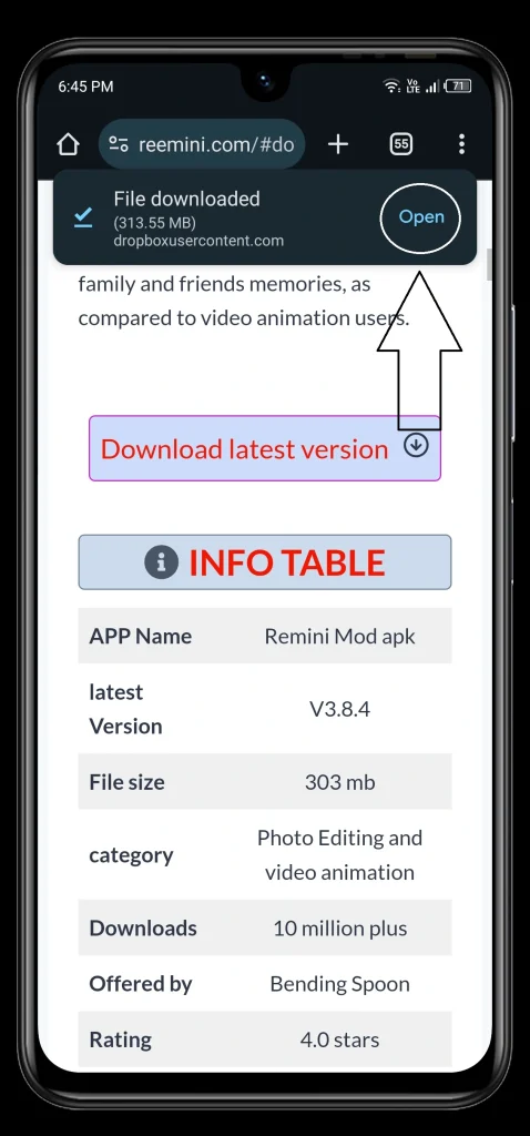 after remini mod apk download on the header there is open option tap on open