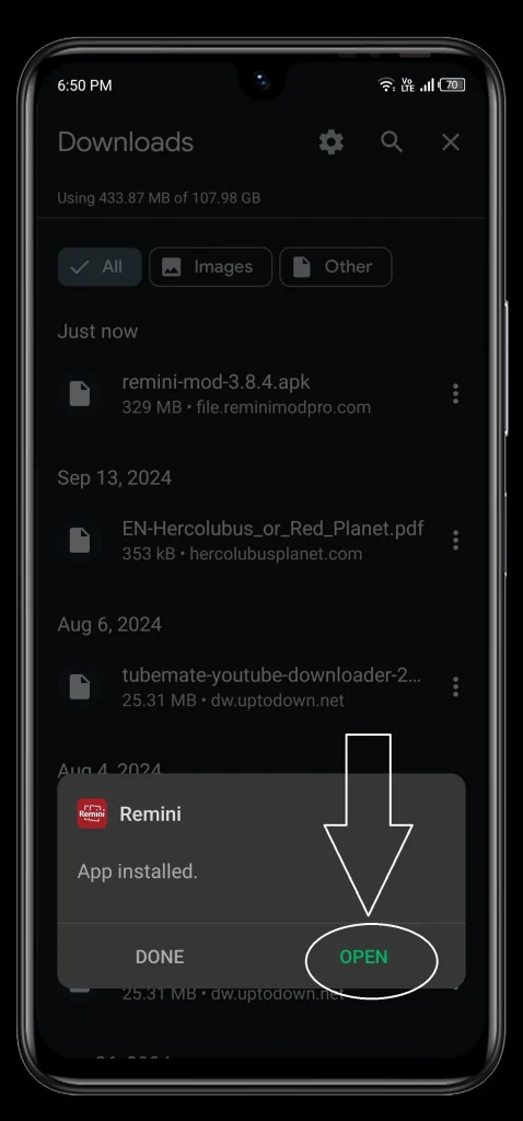 after remini mod apk installation tap on open